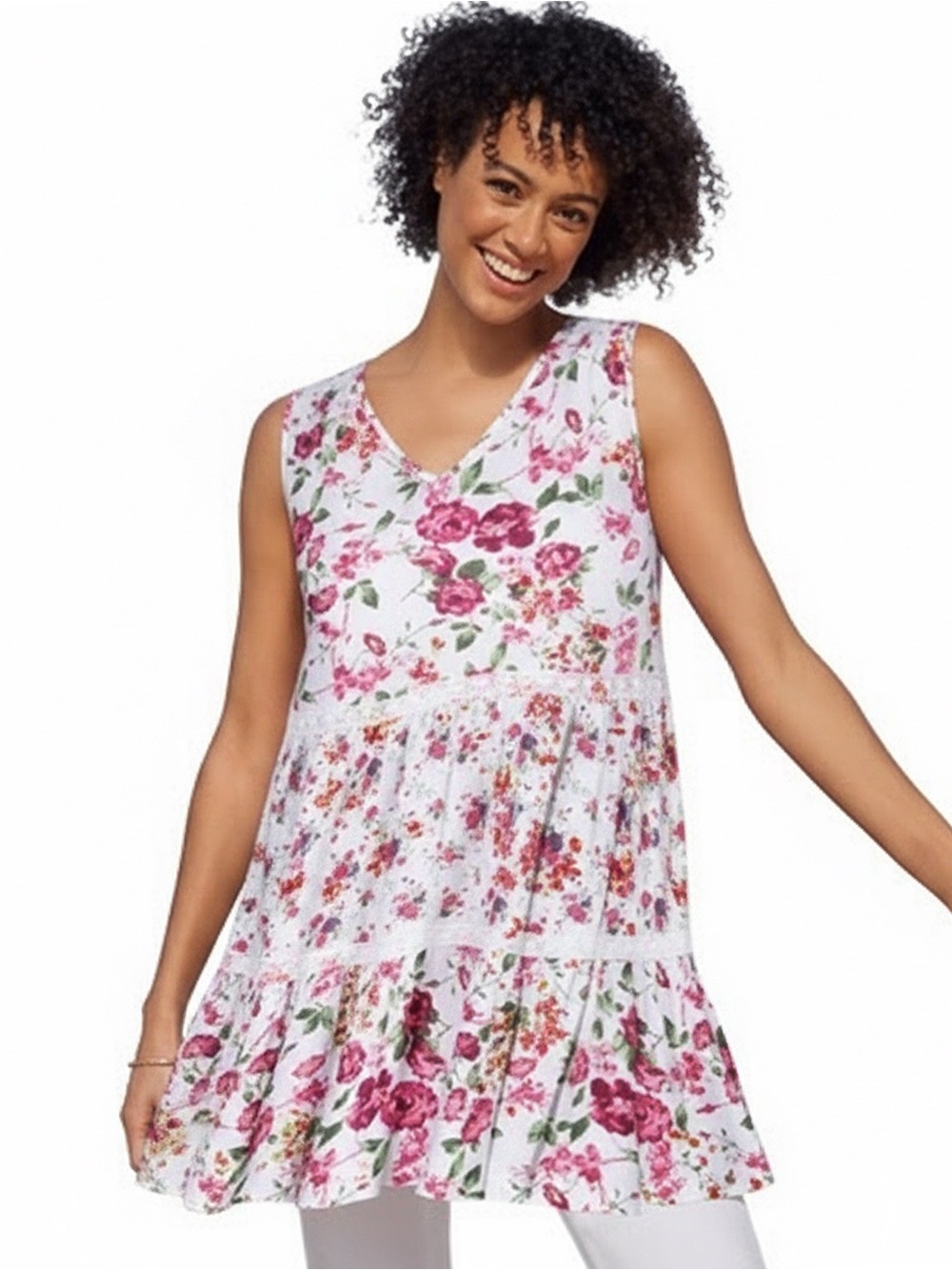 Woman Within White Floral V-Neck Sleeveless Tunic • NWT •  26" p2p, 32" length